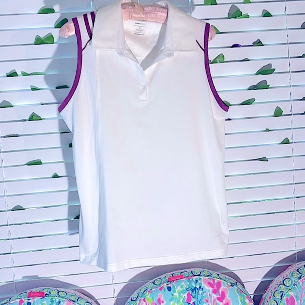 Adidas Clima Cool white tennis top with purple trim & logo stripes